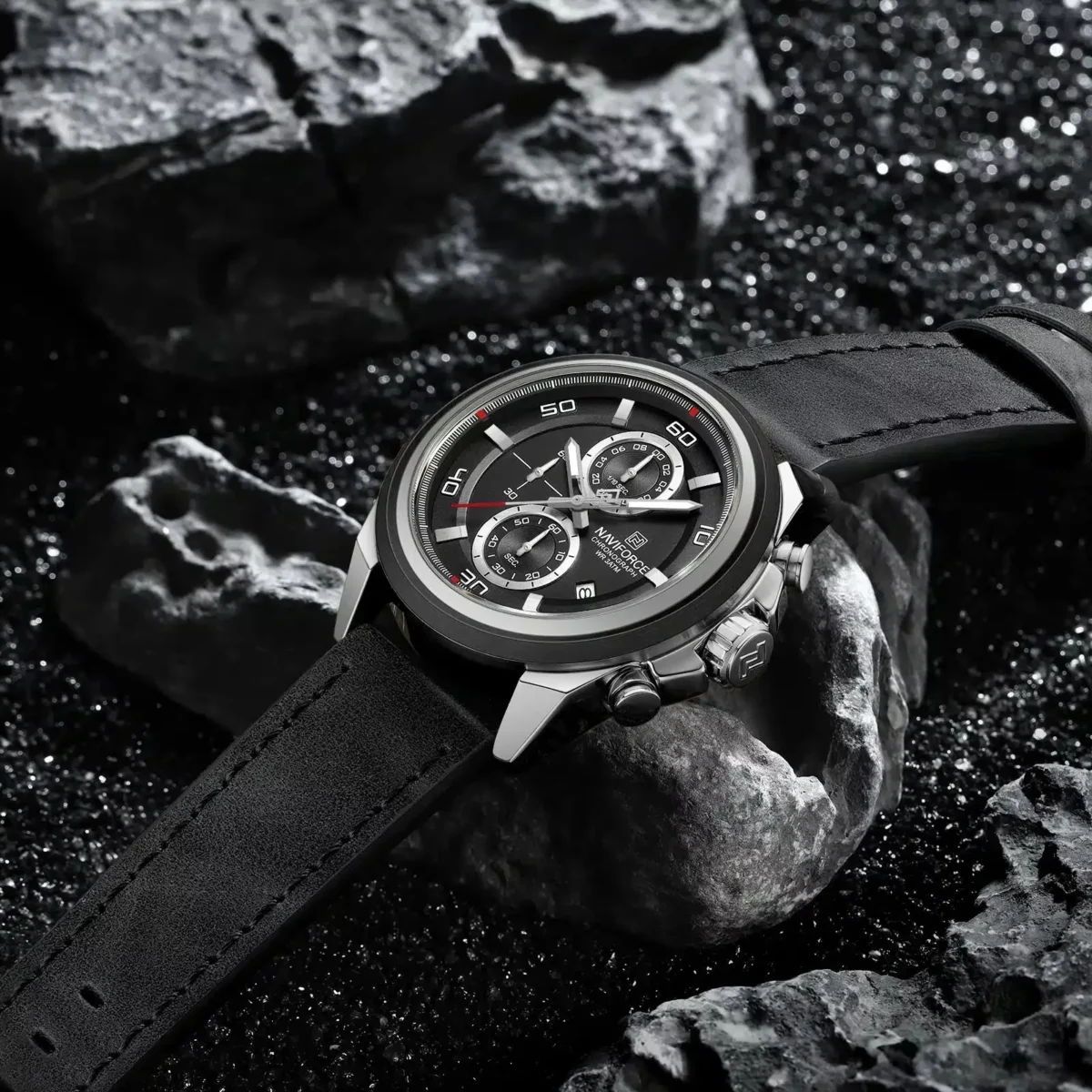 Naviforce 8075 Leather Belt Watch For Men -Silver Black - Image 2