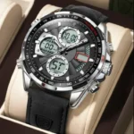 POEDAGAR E108 Multi-Function Dual Display Watch For Men-Silver Black