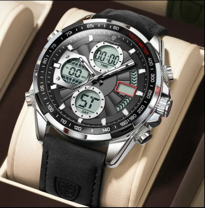 POEDAGAR E108 Multi-Function Dual Display Watch black POEDAGAR E108 Multi-Function Dual Display Watch For Men-Silver Black - Image 1