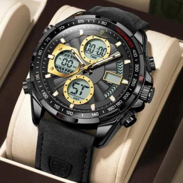 POEDAGAR E108 Multi-Function Dual Display Watch For Men-Full Black