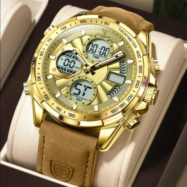 POEDAGAR E108 Multi-Function Dual Display Watch For Men-Golden