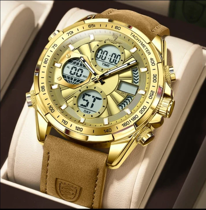 POEDAGAR E108 Multi-Function Dual Display Watch golden POEDAGAR E108 Multi-Function Dual Display Watch For Men-Golden - Image 1